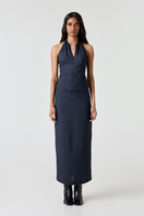Summer Away Audrey midi skirt in vintage blue fabric, featuring a flowing design and midi length, perfect for stylish casual wear.