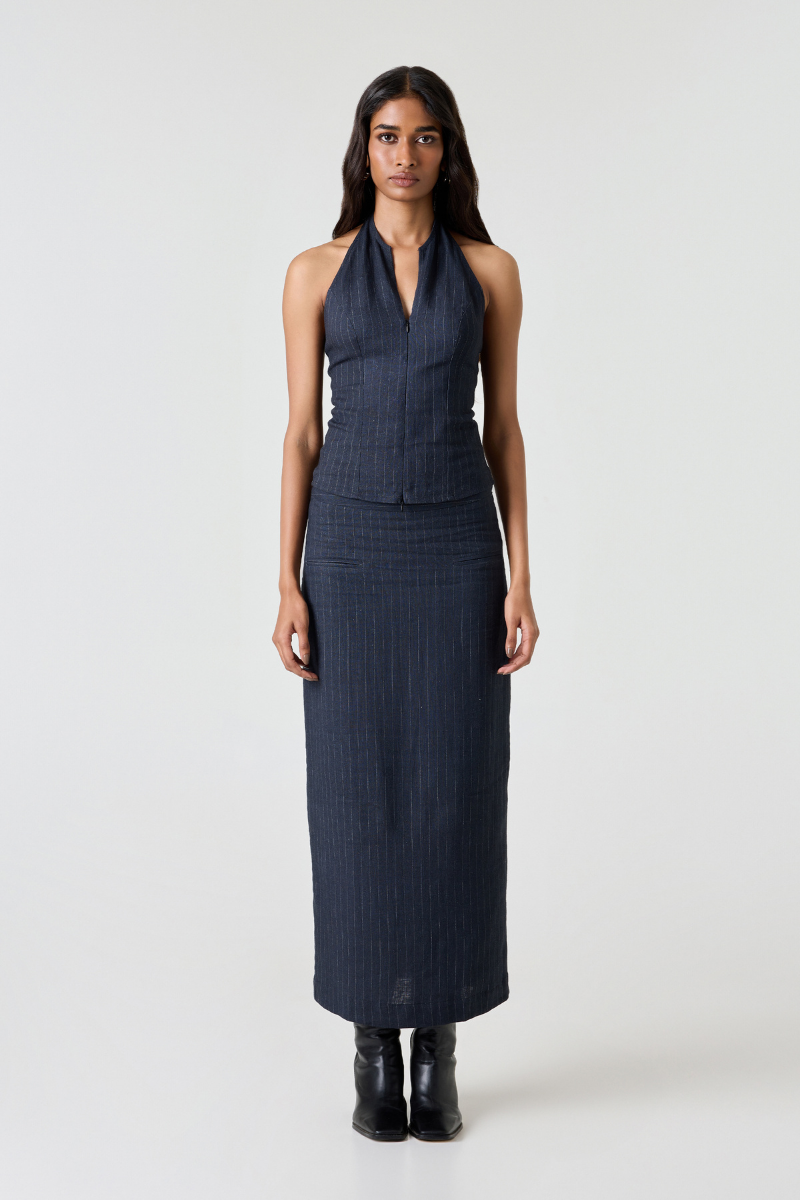 Summer Away Audrey midi skirt in vintage blue fabric, featuring a flowing design and midi length, perfect for stylish casual wear.