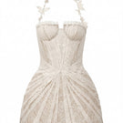 Beige Eveline lace mini dress by 21Six, featuring intricate lace details and a stylish fit, perfect for elegant occasions.