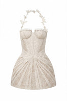 Beige Eveline lace mini dress by 21Six, featuring intricate lace details and a stylish fit, perfect for elegant occasions.