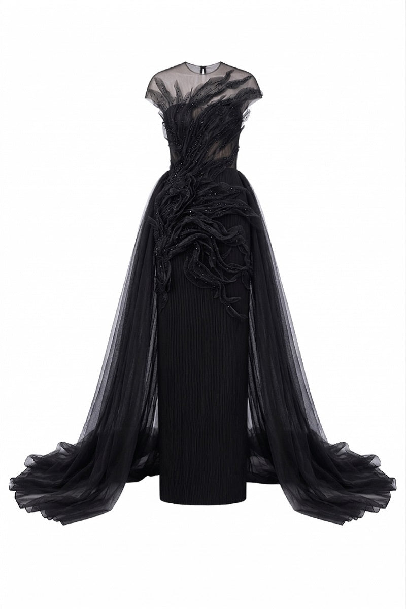 Black Sedna tulle and organza gown by 21Six, featuring elegant flowing fabric and intricate design details.