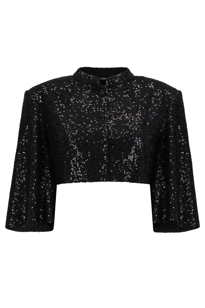 Black sequin cropped top by Lili Blanc featuring sparkling shiny embellishments and a stylish fitted design.