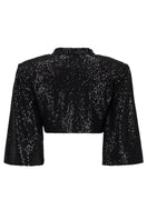 Black sequin cropped top by Lili Blanc with shimmering sparkle, perfect for stylish evening wear and party outfits.