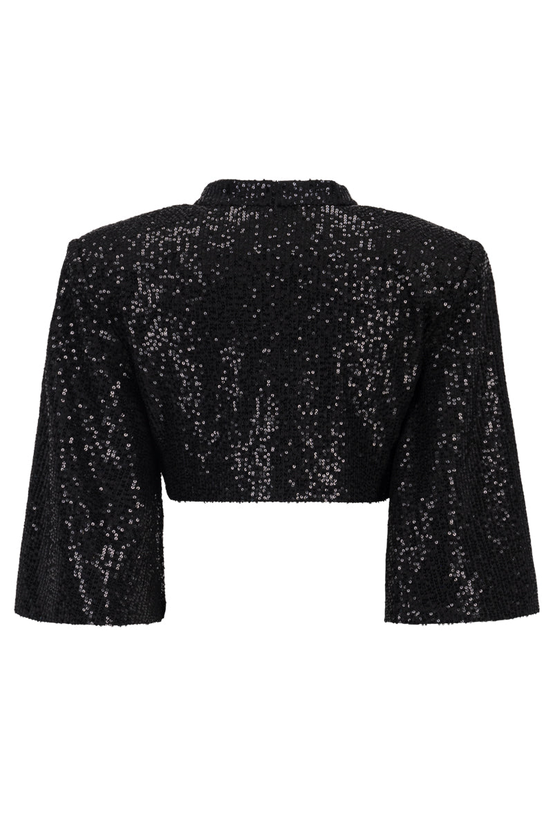Black sequin cropped top by Lili Blanc with shimmering sparkle, perfect for stylish evening wear and party outfits.