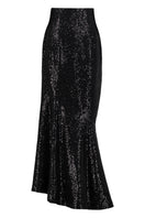 Black sequin mermaid maxi skirt by Lili Blanc with fitted waist and shimmering sparkle, flowing style perfect for evening wear.