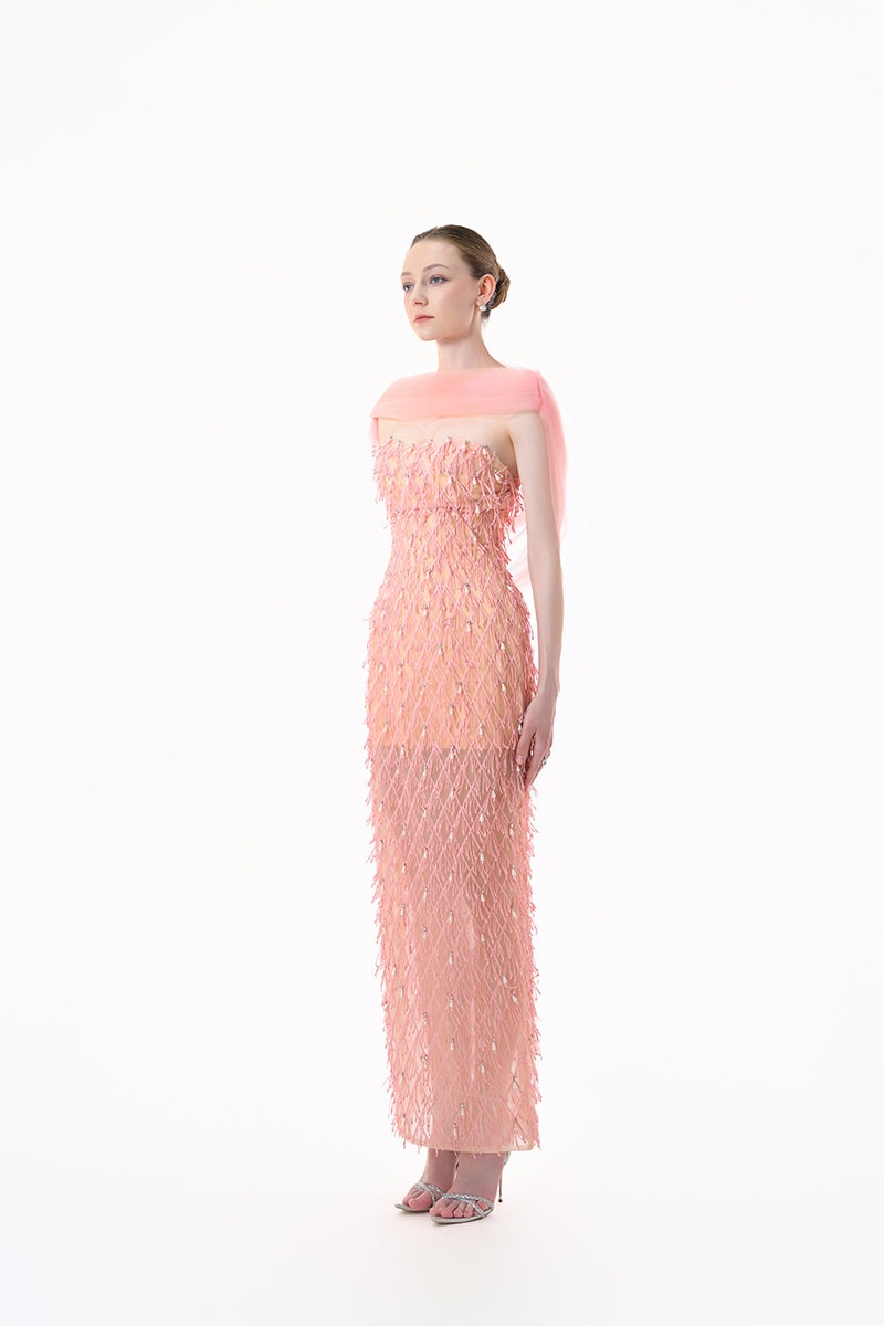 Peach beaded sheer overlay gown by Happy Clothing, featuring delicate beadwork and flowing fabric in an elegant design.