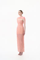 Peach beaded sheer overlay gown by Happy Clothing, featuring delicate beadwork and flowing fabric in an elegant design.