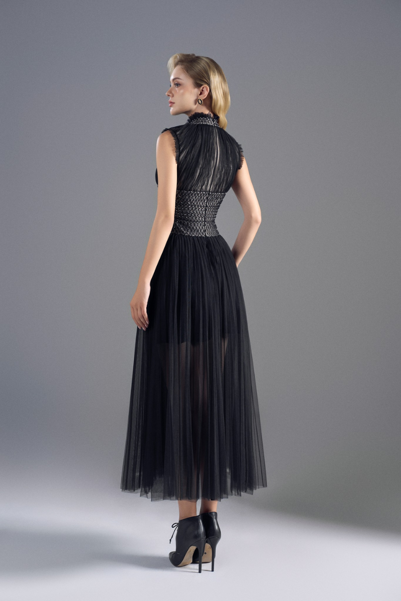 TULLE HIGH-NECK SEMI SHEER DRESS IN BLACK | CULT MIA | ROSEE DE MATIN TULLE HIGH-NECK SEMI SHEER DRESS IN BLACK | CULT MIA | ROSEE DE MATIN