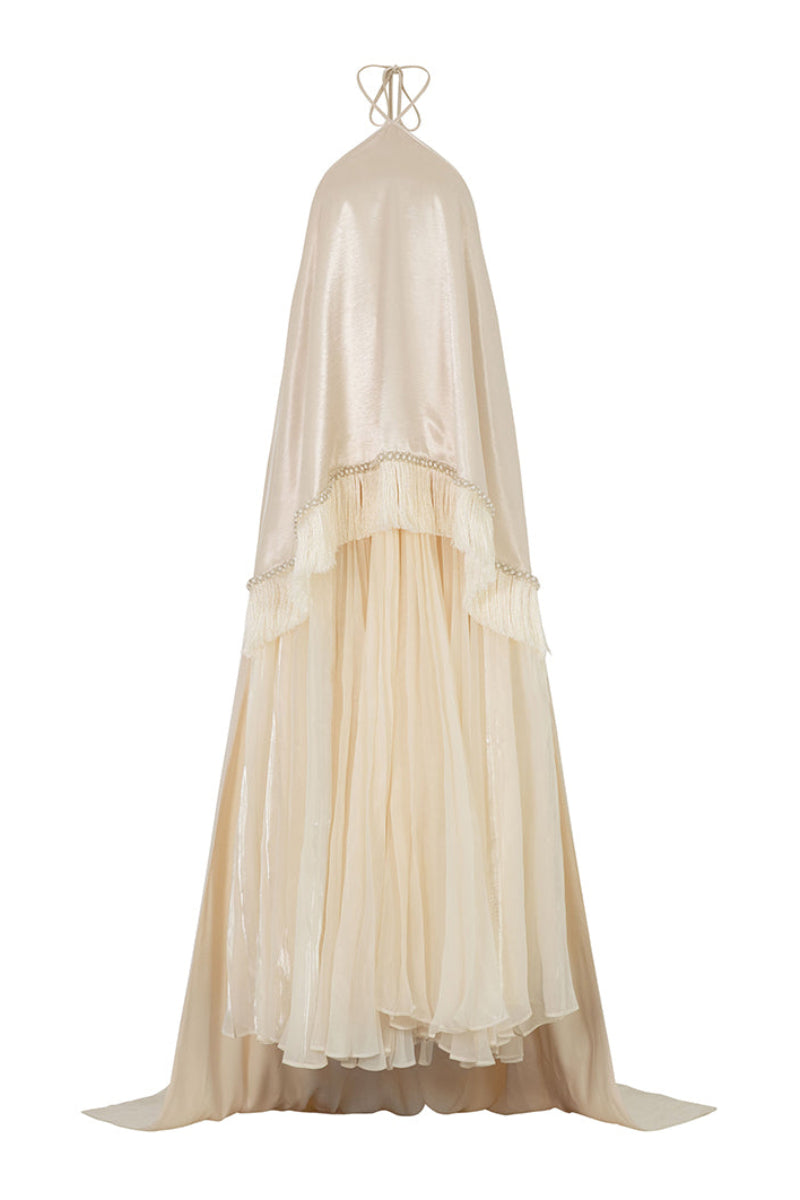 Cream Valenciani halterneck pleated maxi dress, midi length with elegant pleats and a stylish halterneck design, perfect for formal occasions.