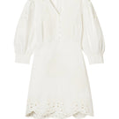 Rebecca Taylor Rachelle button front ivory mini dress displayed on a model with a fitted silhouette and short sleeves.