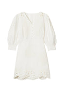 Rebecca Taylor Rachelle button front ivory mini dress displayed on a model with a fitted silhouette and short sleeves.