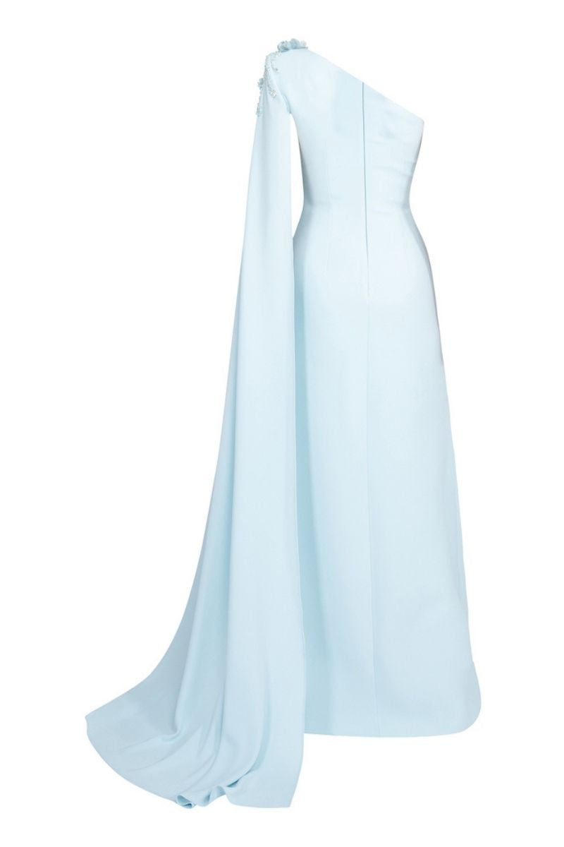 BLUE ONE-SHOULDER WITH LONG CAPE LONG DRESS - CULT MIA