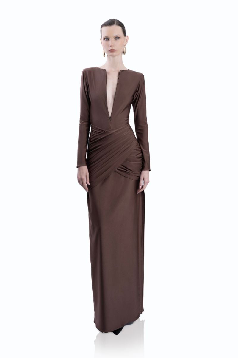 LEDIEL Martinica dress in Mocca, elegant gown with flowing fabric and sophisticated design, perfect for formal occasions.