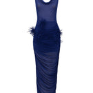 Leica draped pom-pom sheer maxi dress featuring flowy fabric and stylish design, perfect for elegant summer occasions.
