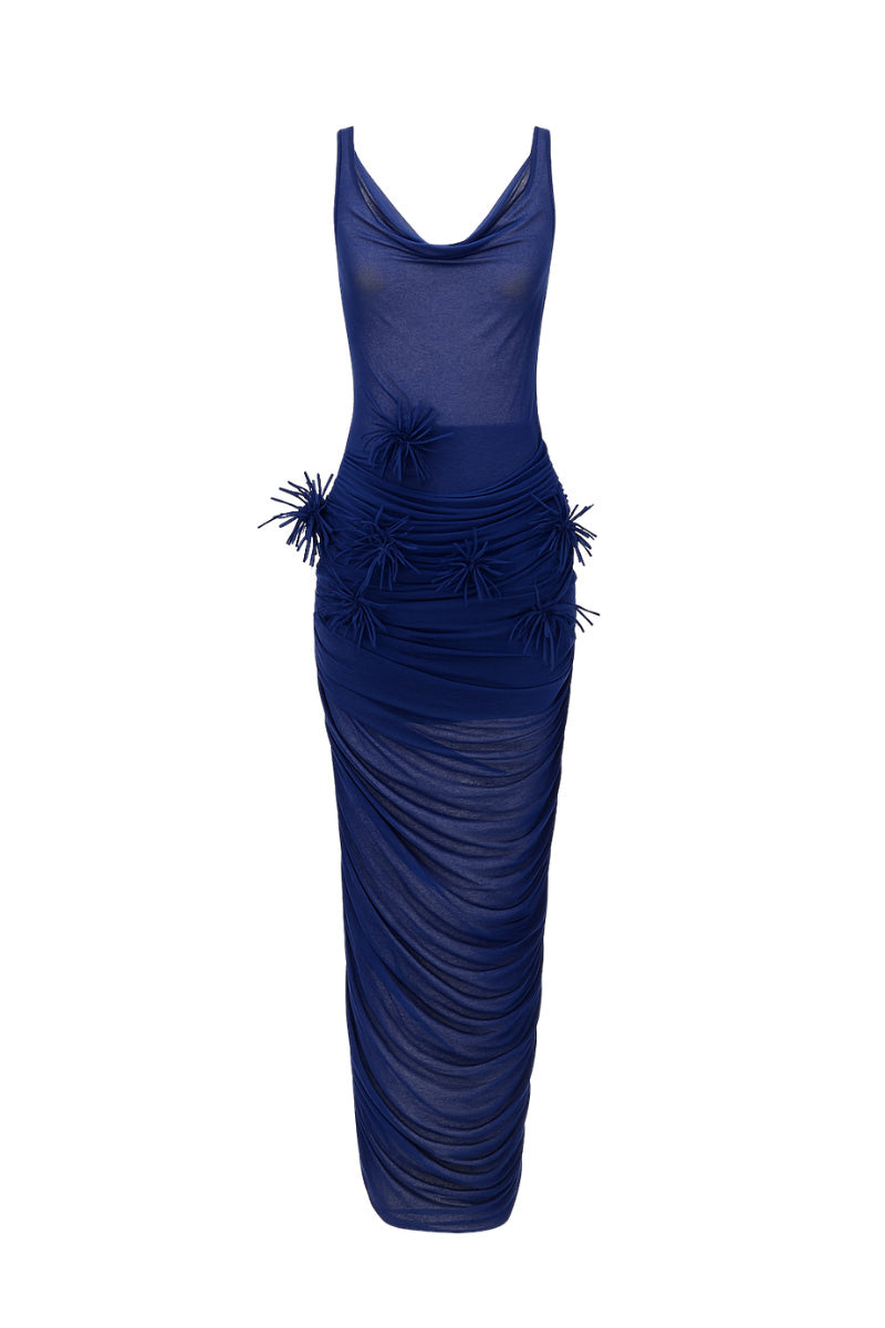 DRAPED POM-POM SHEER DRESS