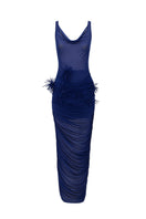 Leica draped pom-pom sheer maxi dress featuring flowy fabric and stylish design, perfect for elegant summer occasions.