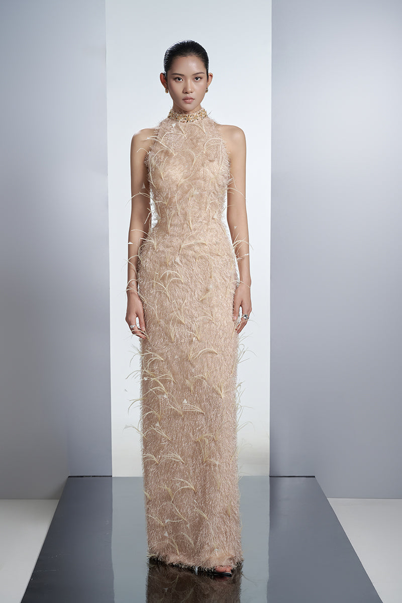 FEATHER MAXI DRESS IN BEIGE - CULT MIA