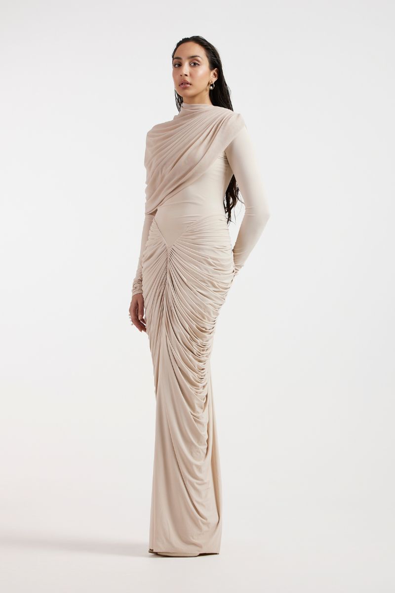 ELORA BEIGE DRAPED GOWN - CULT MIA