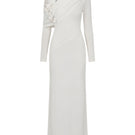 White Plan Celeste draped maxi dress featuring flowing fabric and elegant design, perfect for sophisticated summer occasions.