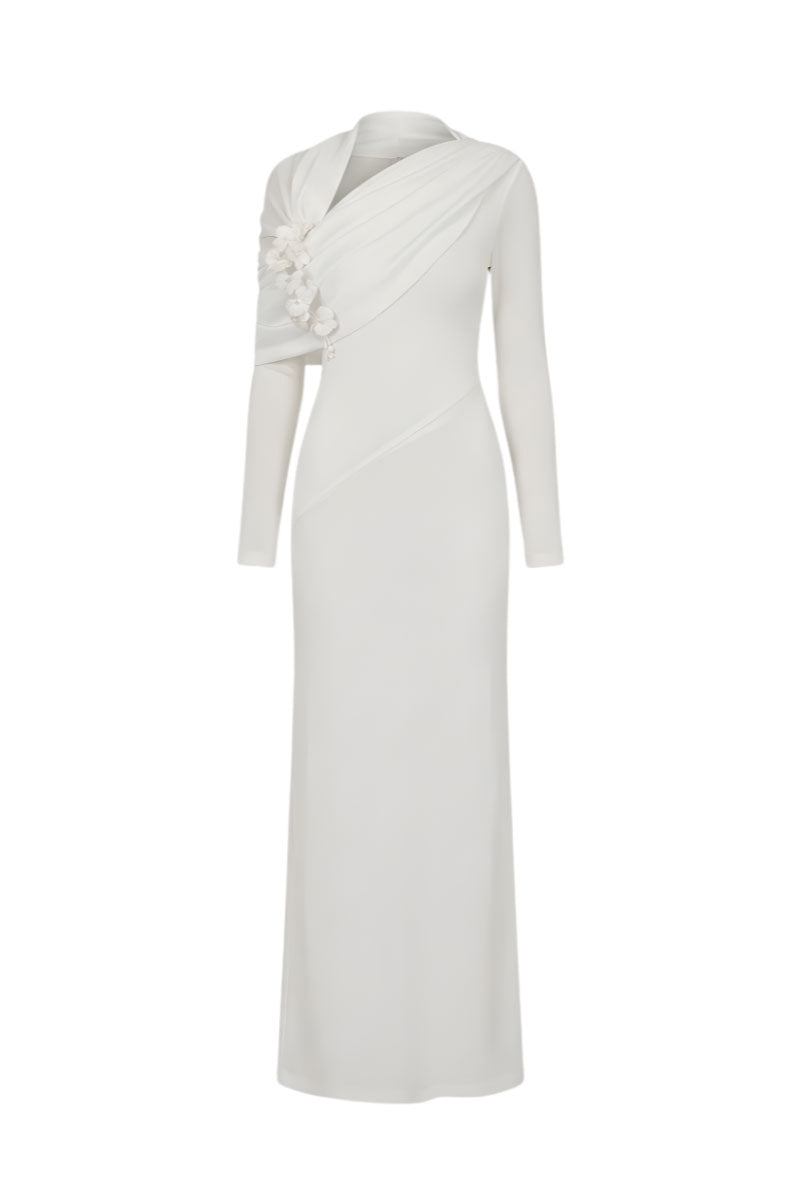 White Plan Celeste draped maxi dress with flowing fabric and elegant design, perfect for stylish summer occasions.