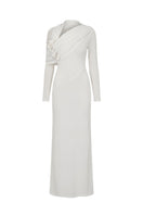 White Plan Celeste draped maxi dress featuring flowing fabric and elegant design, perfect for sophisticated summer occasions.