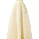 Beige strapless stone organza floor-length gown by Happy Clothing, featuring elegant flowing fabric and a fitted bodice.