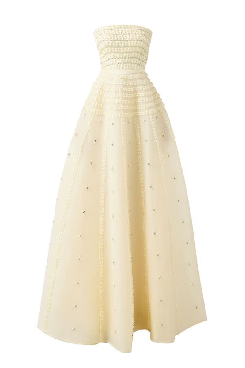 STRAPLESS STONE ORGANZA FLOOR LENGTH BEIGE GOWN - CULT MIA