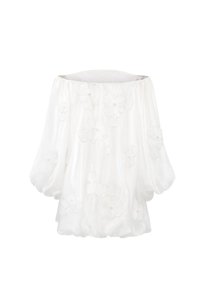 AIMEE WHITE SHINY SILK 3D FLORAL MINI DRESS - CULT MIA