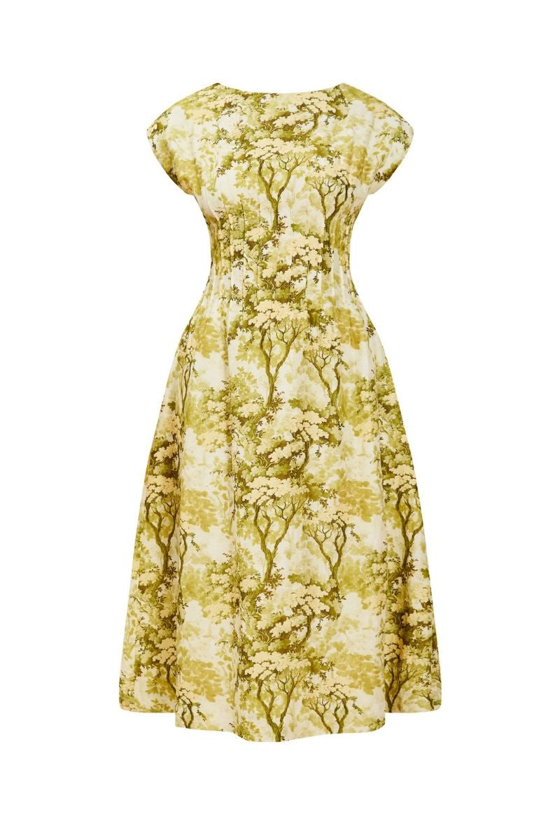 Mestiza New York Quinn midi dress in citrus toile fabric, featuring a stylish midi length and vibrant pattern.