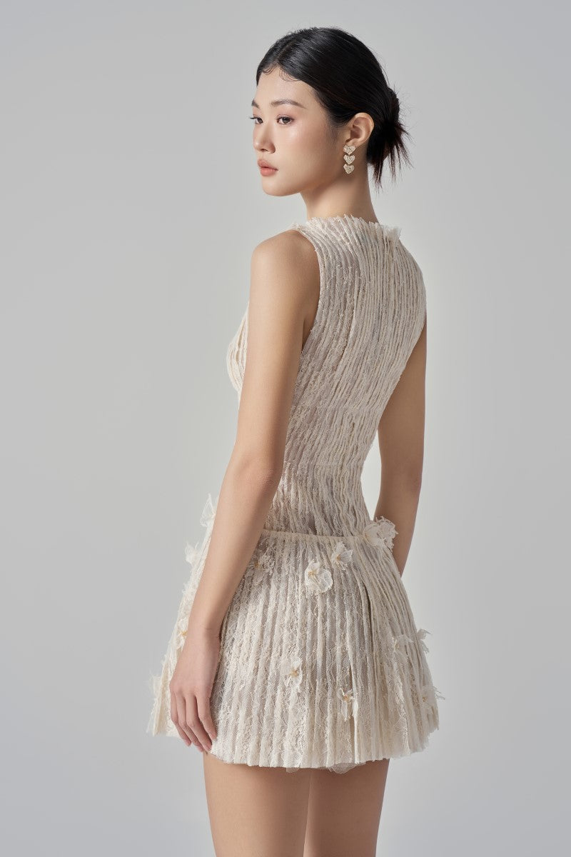 Beige Flavia lace mini dress by 21Six, featuring intricate lace details and a stylish, fitted silhouette.