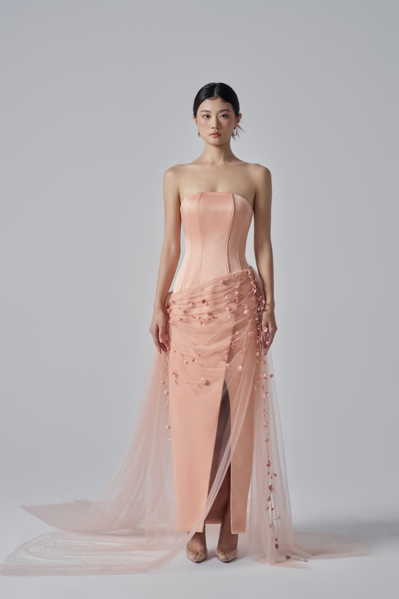 Elegant SABINA silk taffeta flowers gown by 21Six, featuring a flowing design with floral embellishments and intricate detailing.