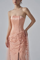 Elegant SABINA silk taffeta gown by 21Six with floral embroidery, flowing design, and satin finish, perfect for formal occasions.