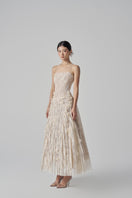 Beige Octavia lace gown by 21Six, featuring intricate lace details and a flowing silhouette perfect for elegant occasions.