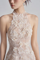 Beige Aurelia lace mini dress by 21Six featuring intricate lace details and a fitted silhouette.