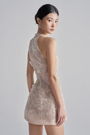 Beige Aurelia lace mini dress by 21Six, featuring intricate lace details and a stylish fit, perfect for elegant occasions.
