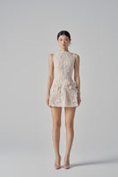 Beige Flavia lace mini dress by 21Six, featuring delicate lace fabric and a fitted silhouette, perfect for stylish occasions.