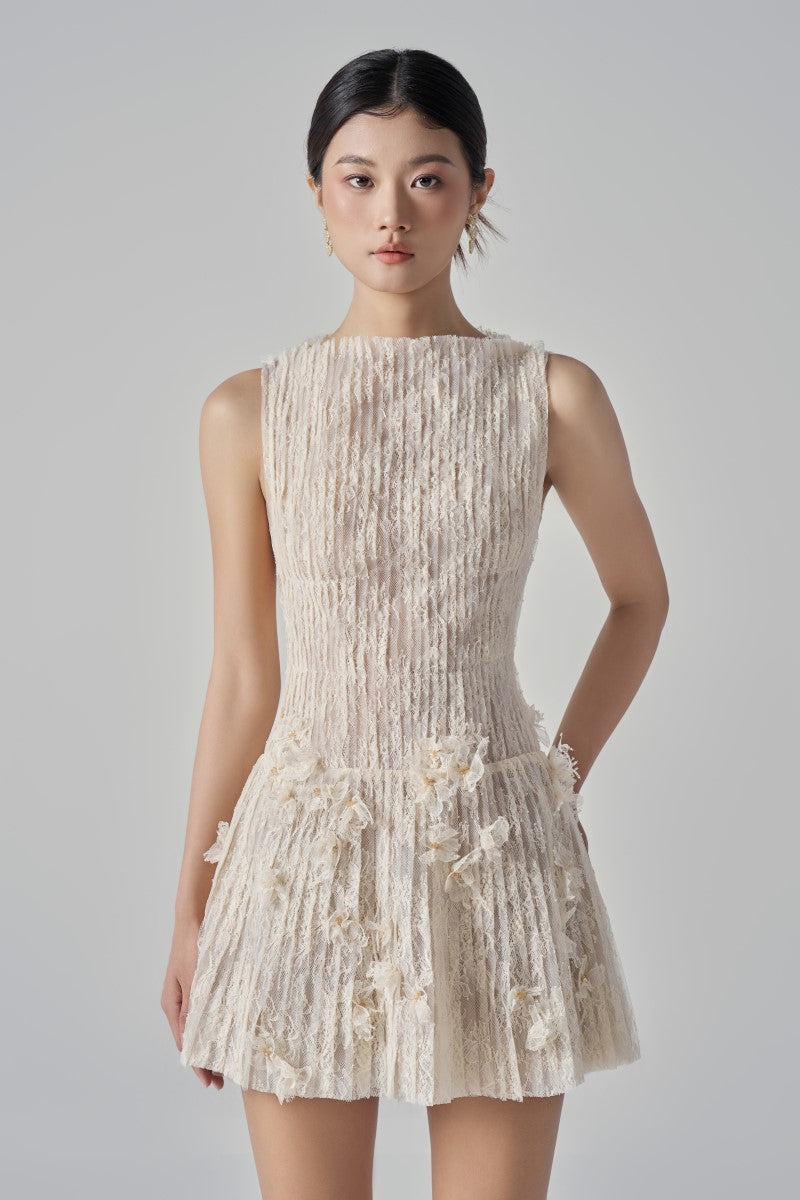 Beige FLAVIA lace mini dress by 21Six, featuring intricate lace details and a fitted silhouette.