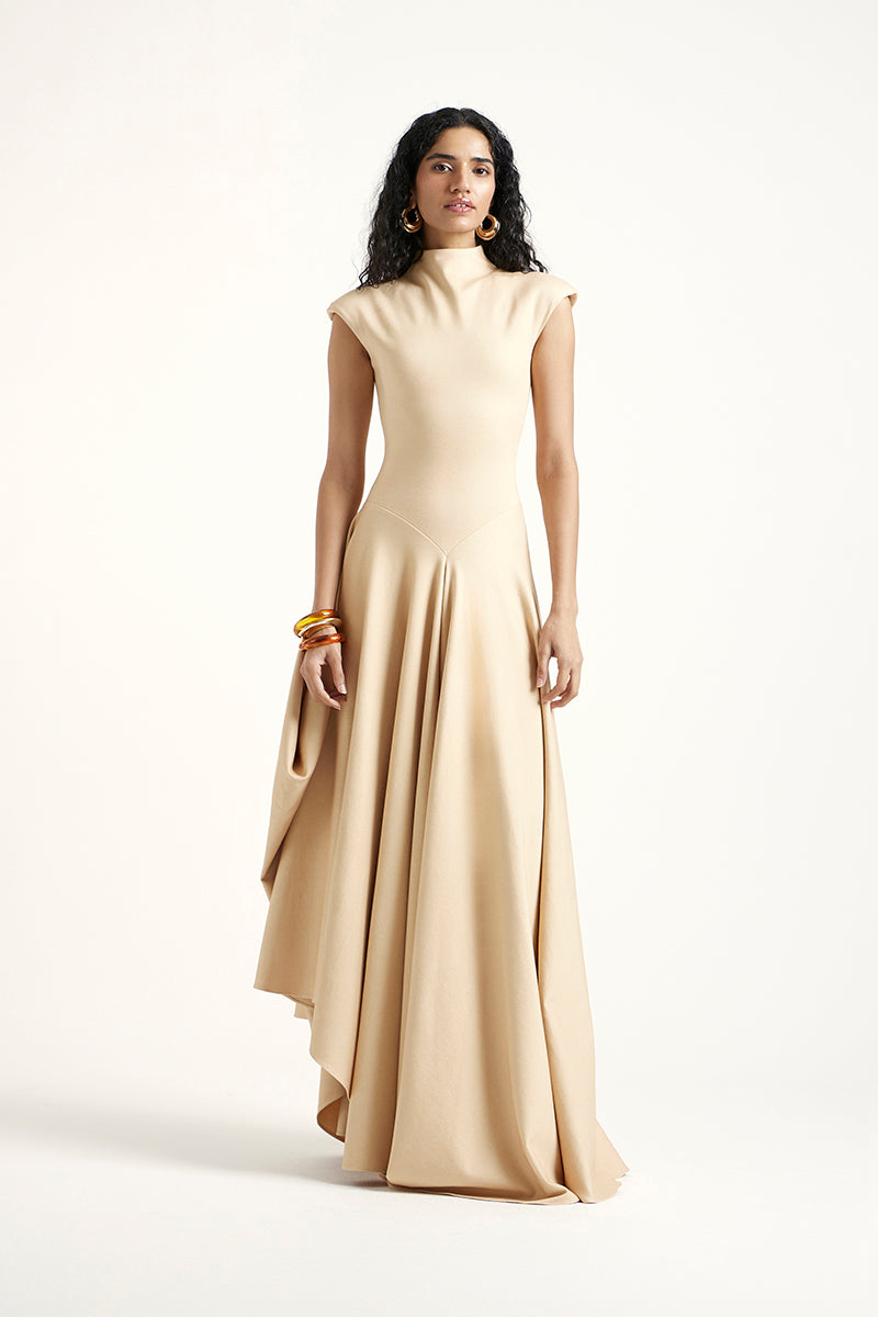 Gold Deme By Gabriella maxi dress with elegant flowy fabric, perfect for formal occasions or summer events.