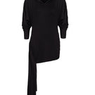 Black hooded mini dress with side train by Kris Marán, featuring a stylish hood and elegant flowing train at the side.