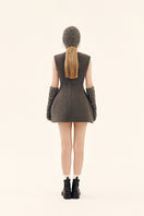 Gray sculpted neoprene mini dress by Chictopia, featuring a fitted silhouette and sleeveless design on a model.