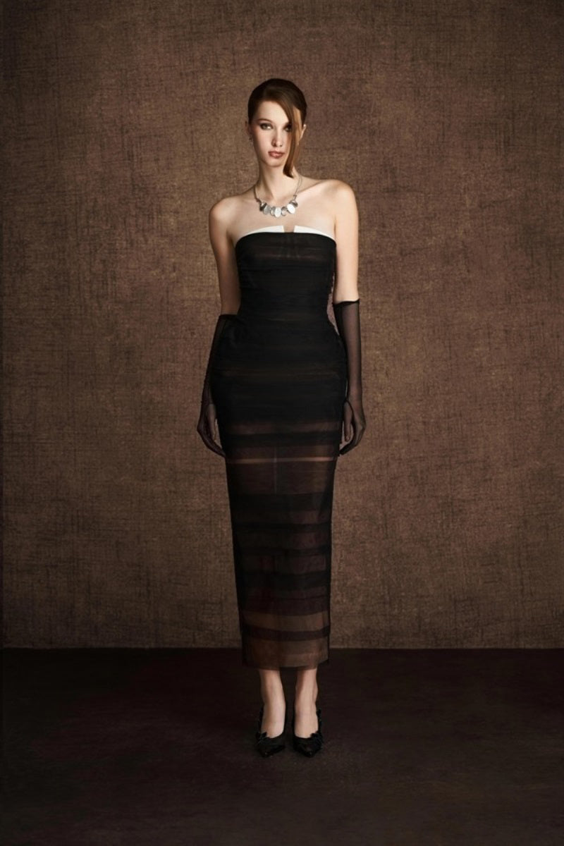 Keira Tong bustier shading midi dress featuring fitted bodice, flowing skirt, and stylish design for elegant occasions.