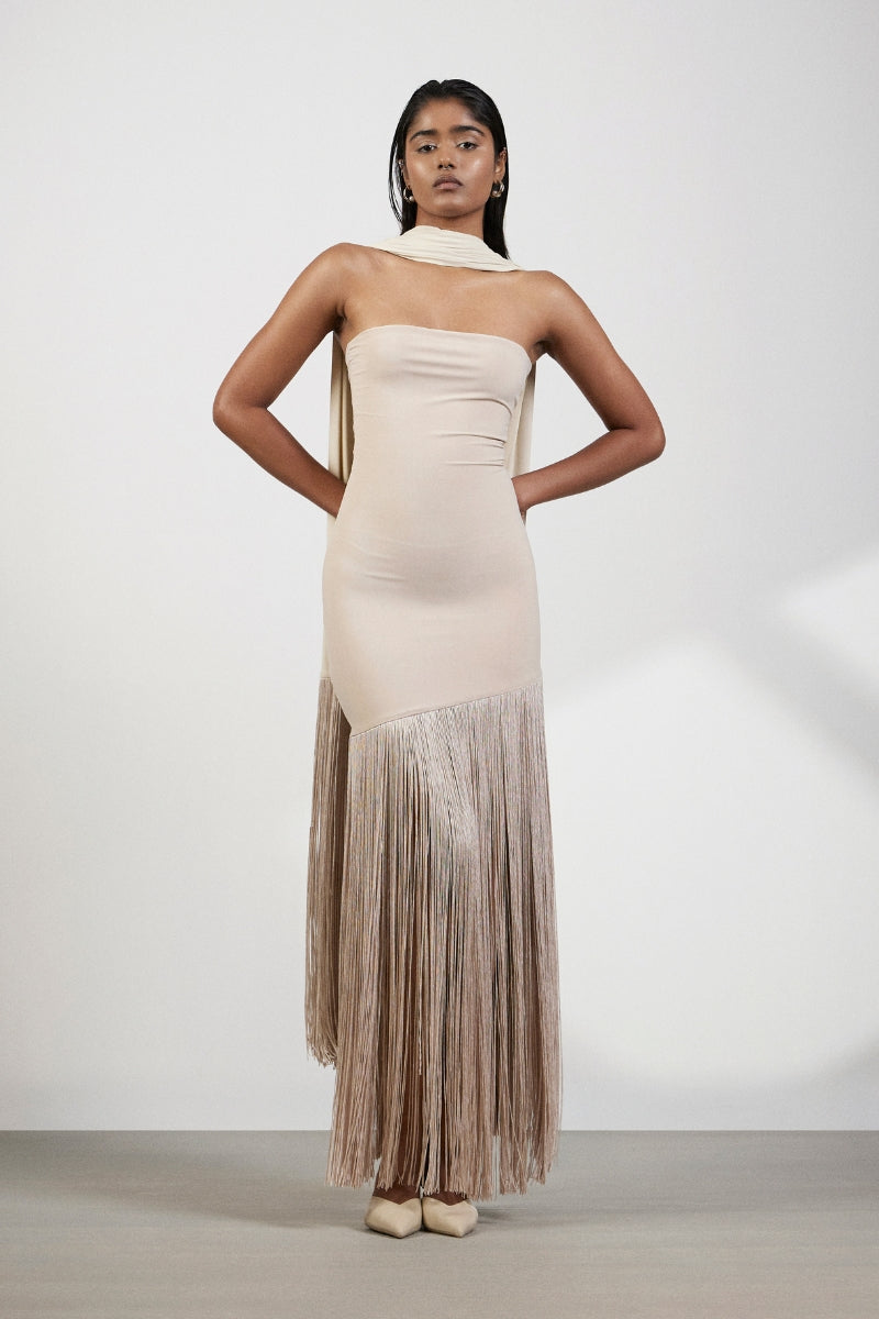 Deme By Gabriella Sonia Maxi Dress in flowing fabric with a stylish neckline, perfect for elegant summer occasions.