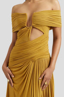 Deme By Gabriella Marisa maxi dress in ochre yellow featuring flowing fabric and elegant design for formal occasions.