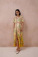 Raishma Ivanna Maxi Dress featuring a flowing silhouette, intricate patterns, and elegant neckline in vibrant fabric.