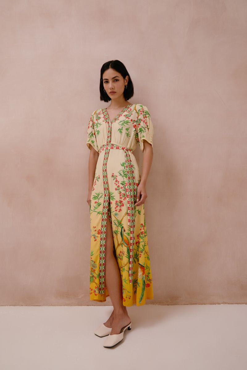 Raishma Ivanna midi dress displayed on a model with a flowy fabric and elegant design, perfect for stylish occasions.