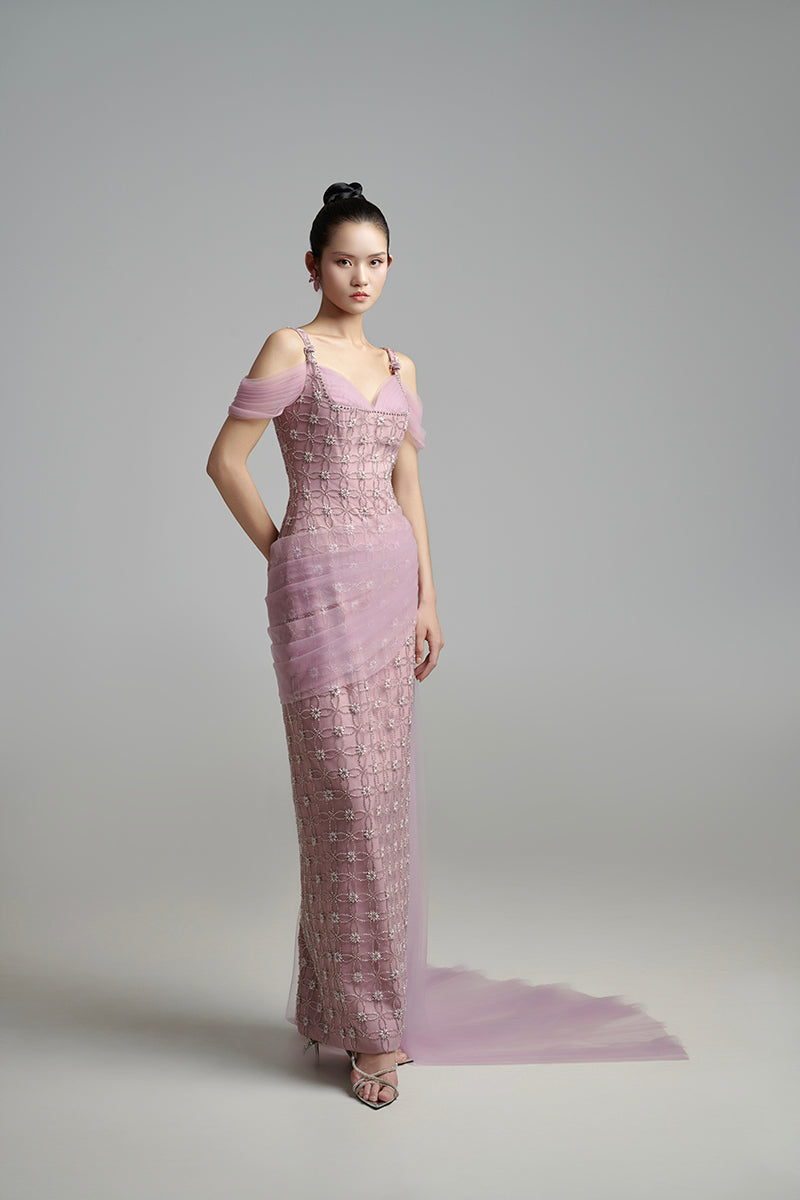 Light purple crystal maxi dress from Happy Clothing featuring flowing fabric and elegant design, perfect for formal occasions.