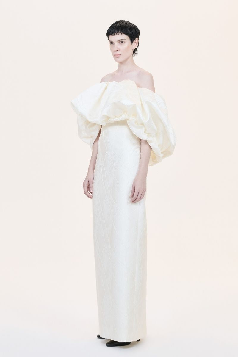 Nihan Peker Najla Bubble Gown featuring a voluminous, ruffled design in soft pastel fabric with elegant detailing.