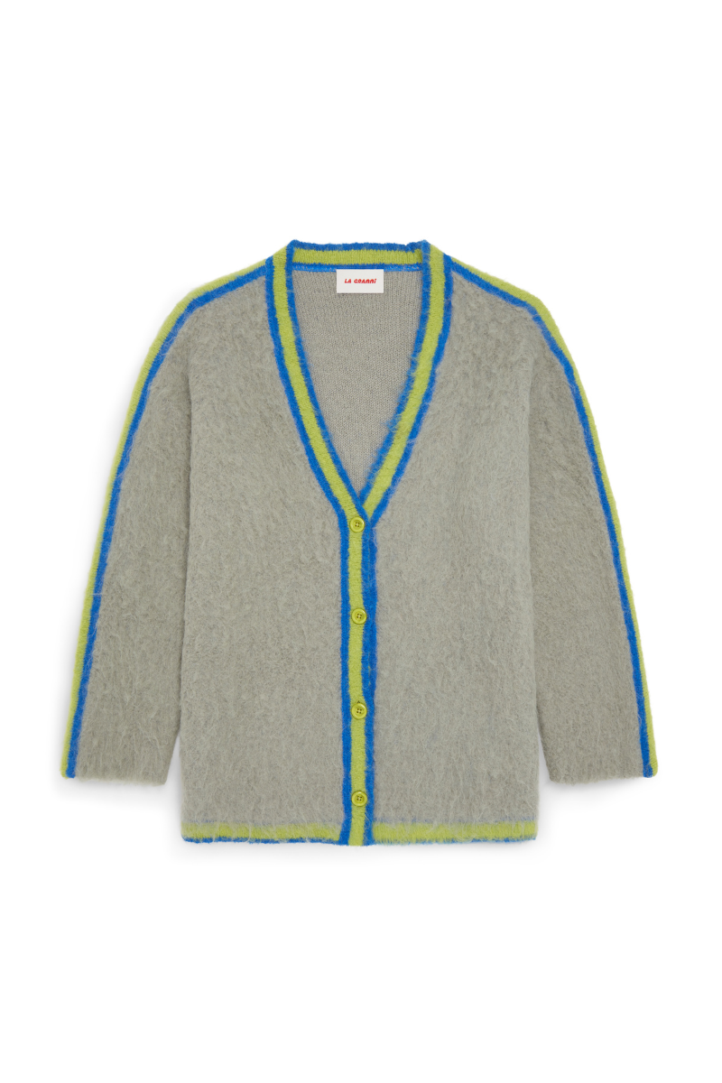 La Granni Shy Green Oversized Multicolored Suricardigan with vibrant patterns and cozy knit texture, displayed on a hanger.