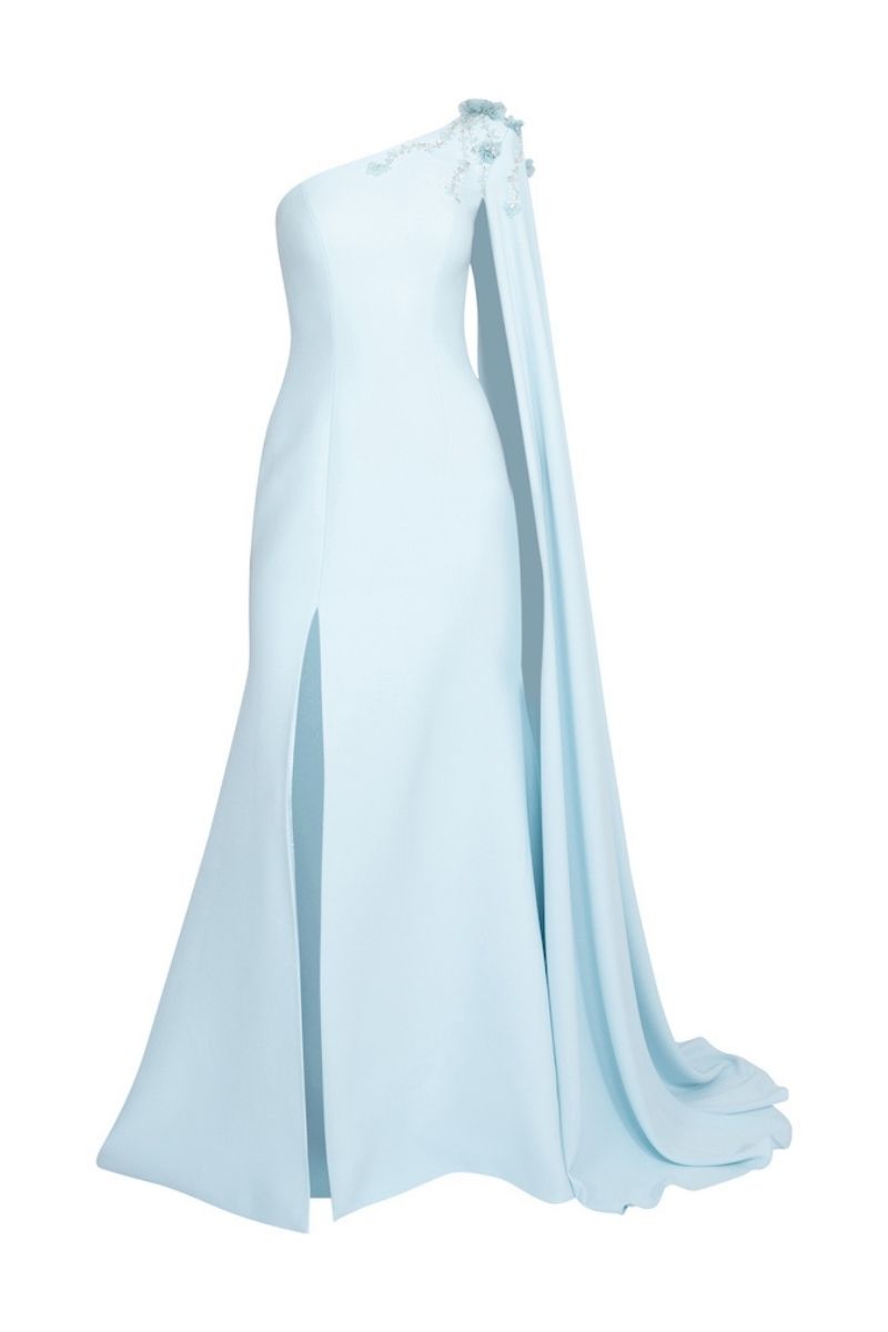 BLUE ONE-SHOULDER WITH LONG CAPE LONG DRESS - CULT MIA