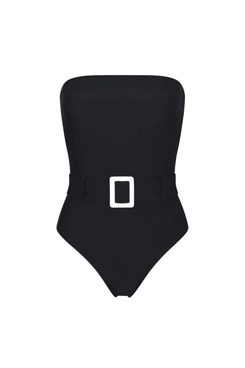 Black Aguaclara classic one-piece swimsuit showcasing a sleek, fitted design with thin shoulder straps and smooth fabric.